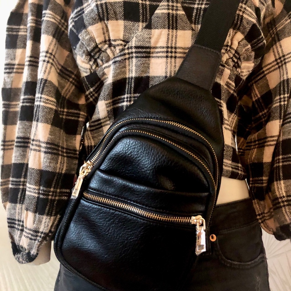Kelly & Katie Black Sling Crossbody Bag with Gold Hardware Faux Leather NWT
